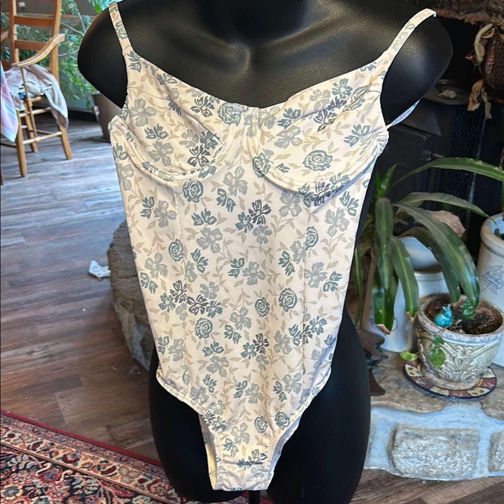 Rylee + Cru Floral Bodysuit in Blue and Cream